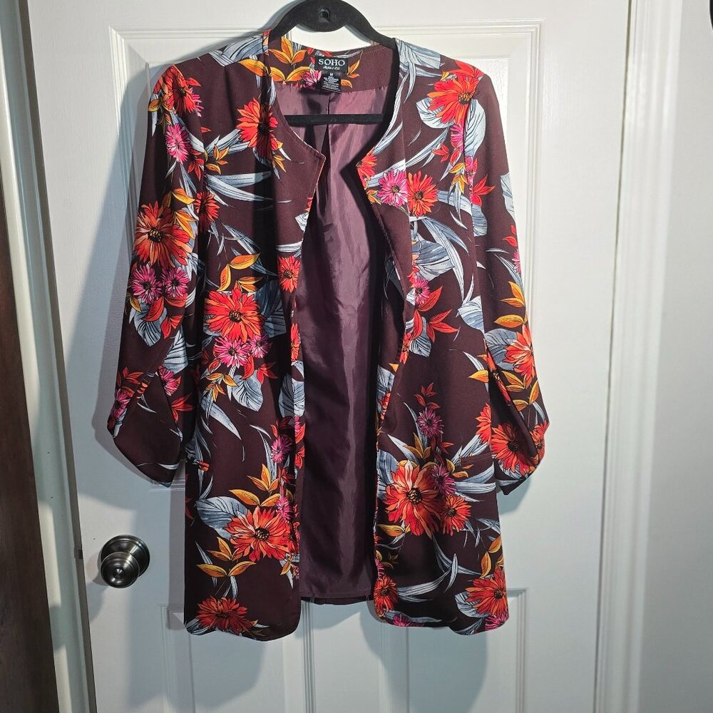 Women's Dark Purple Blazer, Floral, Open Front, 3/4 Length Sleeves, M